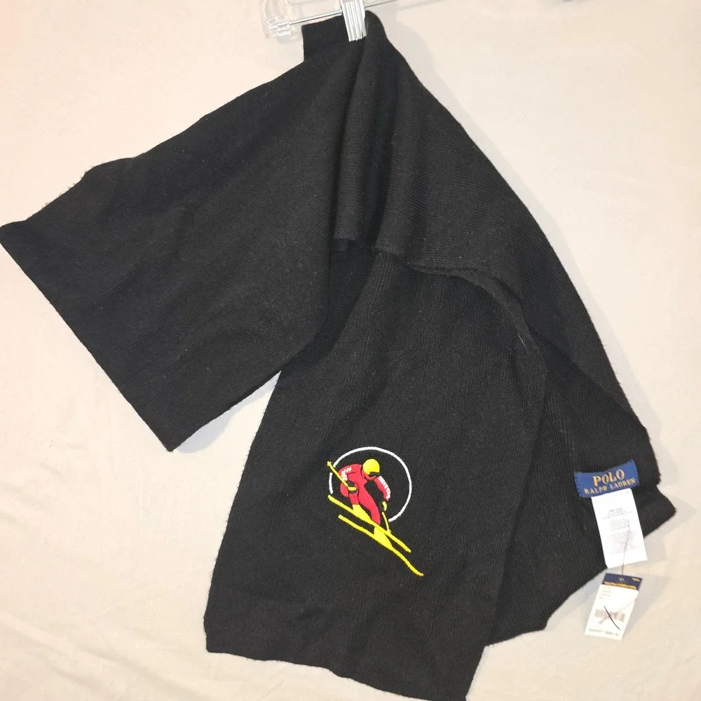 Polo Ralph Lauren Scarf OS Mens Black Merino Wool Embroidered Skier PC0278